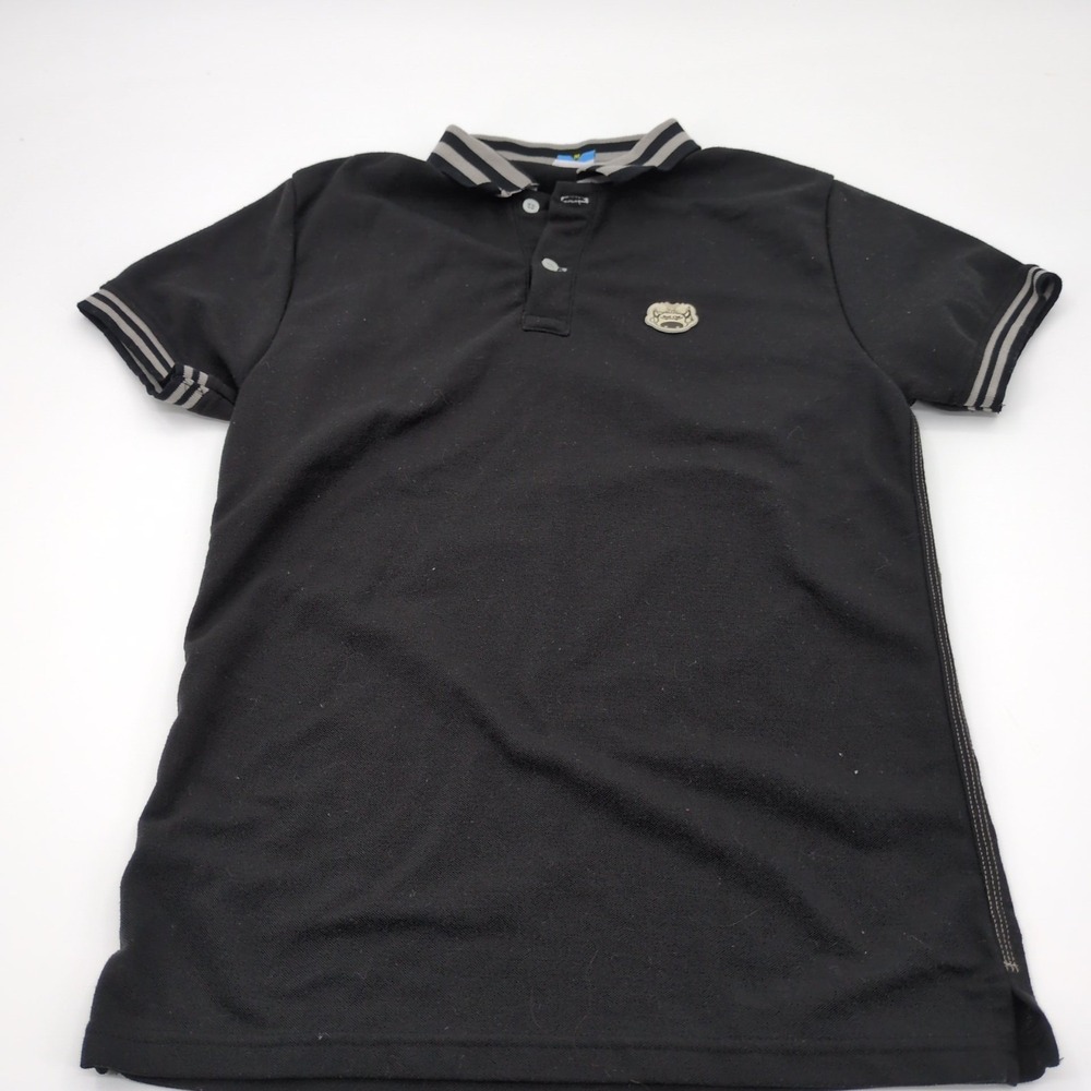 Vintage Bull‎ Cha Black Piqué Polo Men's Medium Short Sleeve Striped Trim Casual